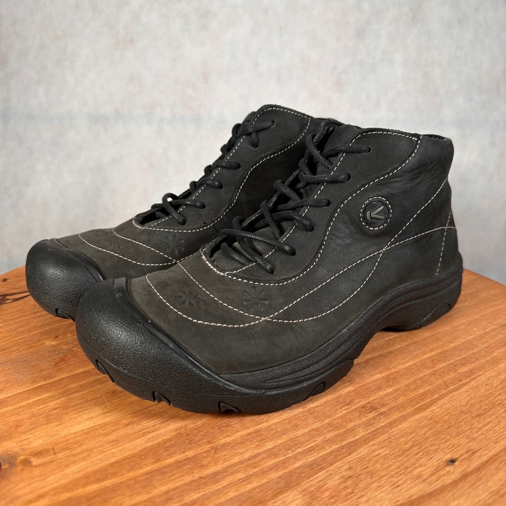 Keen Presidio Mid Boots Womens 7.5 Black Leather Lace Up Good Floral Stitching